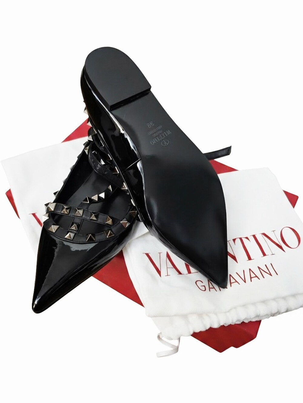 🖤 Nearly New Valentino Garavani Rockstud Black Patent Flats Ankle Strap Sz8/39
